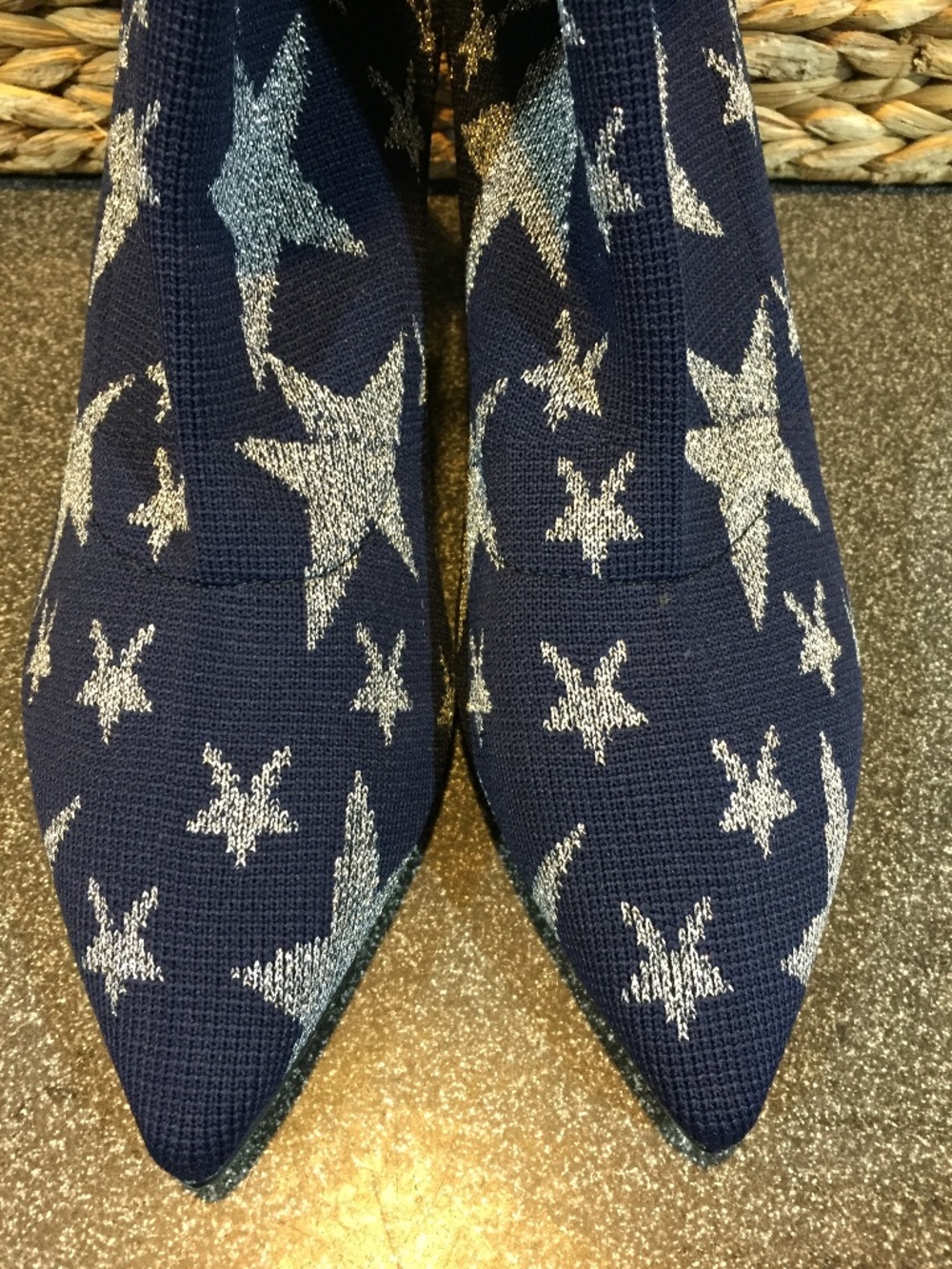 Neiman Marcus Navy Knit Star Sock Booties w/ Metallic Silver Stars - Picture 2 of 9